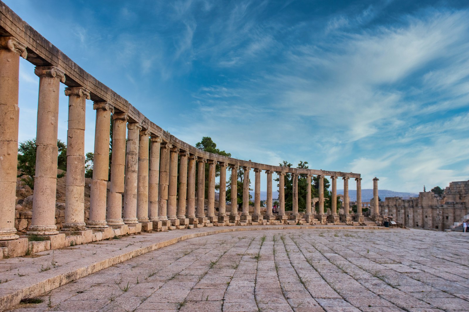 Curved row of Roman columns around the Oval Plaza at Jerash